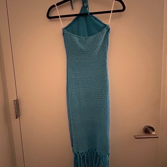 Blue Halter Dress Asymmetrical Fringe, XS - Picture 5 of 8